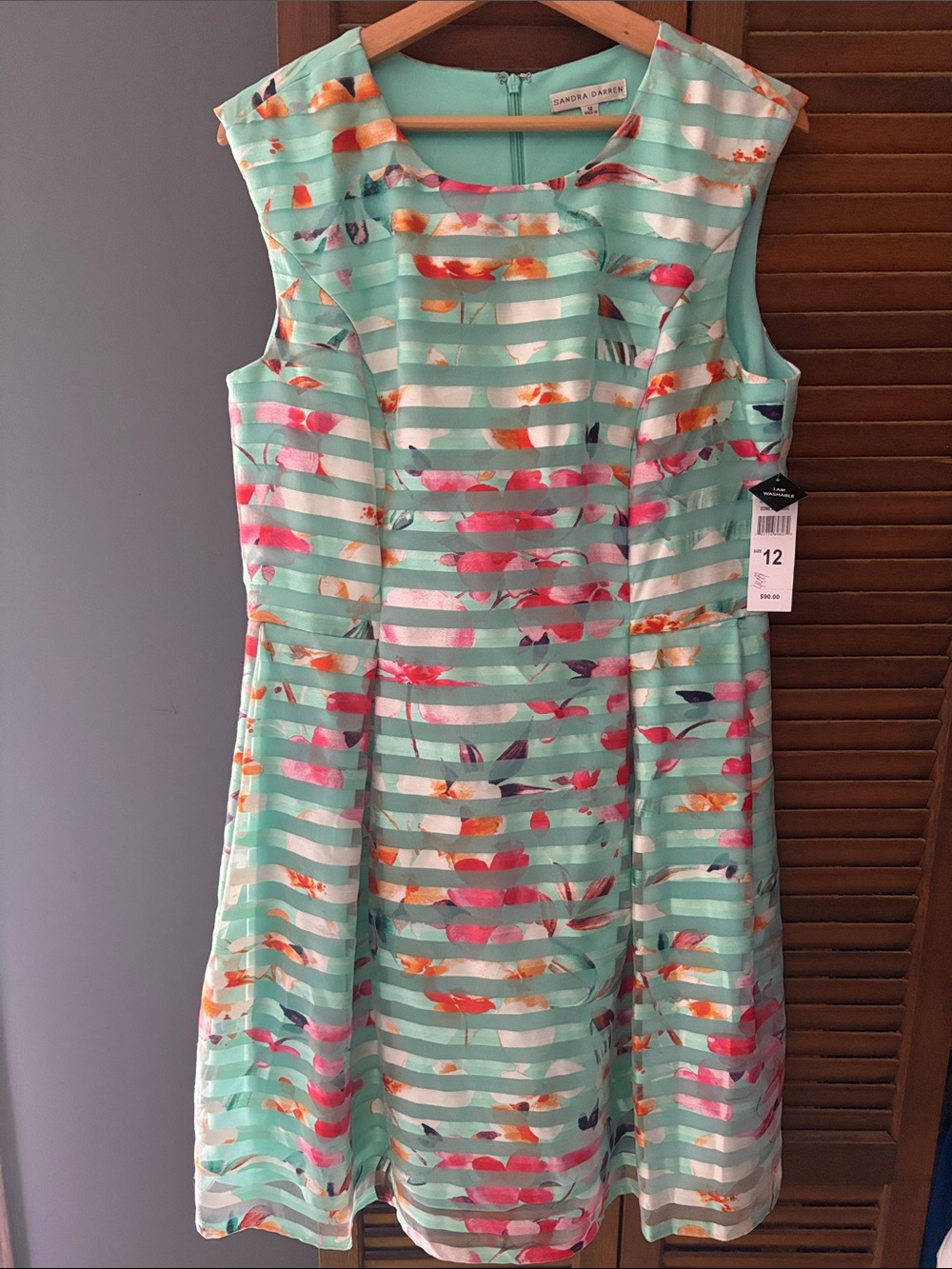 Sandra Darren Mint Striped Floral Fit & Flare Dress